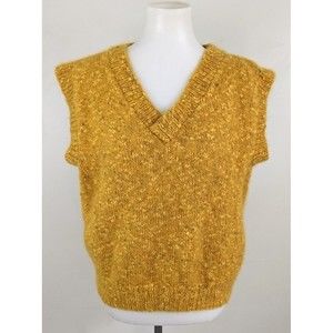 Handmade Wool Sweater Vest Women M Mustard Gold Yellow V-Neck Chunky Fuzzy Knit